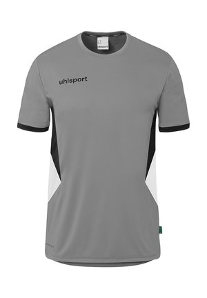 Gray short-sleeve sports shirt with black and white side panels, black sleeve trim, and "uhlsport" logo on the upper chest.