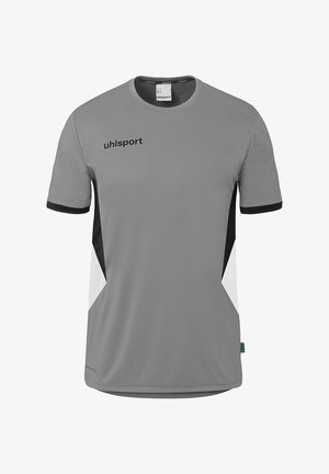 Graues Sportshirt mit kurzen Ärmeln, schwarzen und weißen Seitenpaneelen, schwarzem Ärmelabschluss und "uhlsport"-Logo auf der oberen Brust.