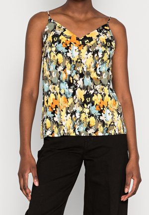 Bloemenpatroon cami top in geel, blauw en zwart. Heeft dunne bandjes en een V-hals ontwerp. Getextureerde stof voegt visuele details toe.
