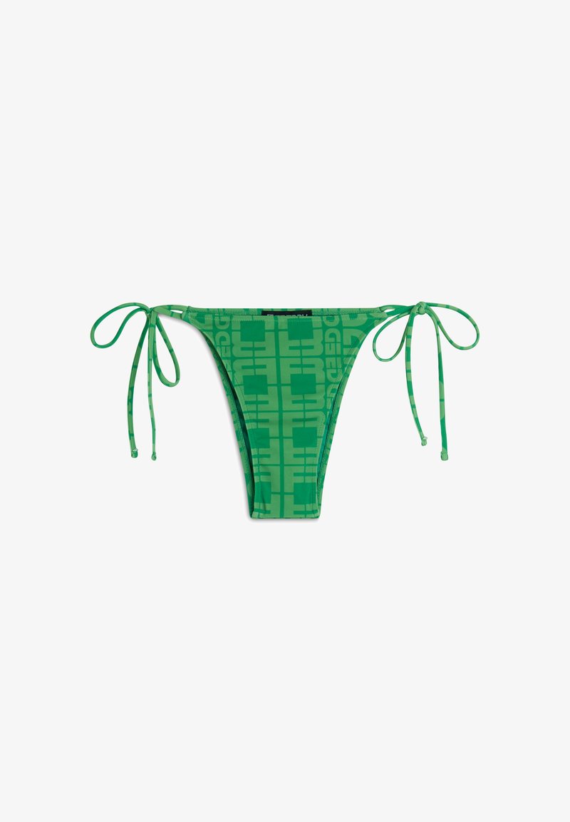 Vihreät bikinin alushousut, joissa on geometrinen logo-kuvio, säädettävät solkimahdollisuudet ja suora istuvuus. Valmistettu joustavasta uimapukukankaasta.