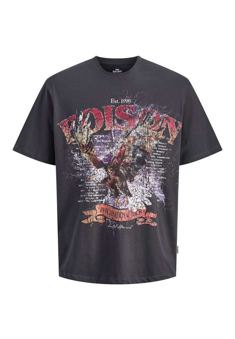 Zwart oversized T-shirt met grote verweerde adelaarsafbeelding, rode tekst "POISON" en vintage-stijl banner met sierlijke letters.