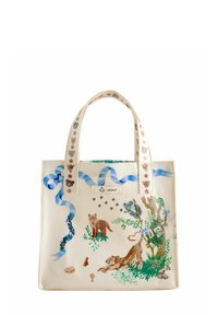 Biała torba na ramię z kolorowymi ilustracjami zwierząt, niebieskimi wstążkami i kwiatowymi wzorami. Uchwyty ozdobione są małymi nadrukami zwierząt.