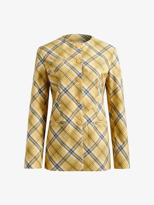 Marynarka w kratę w kolorze żółtym, białym i czarnym, z brakiem kołnierza, z zapięciem na guziki z przodu i dwoma przednimi kieszeniami. Teksturowana tkanina.