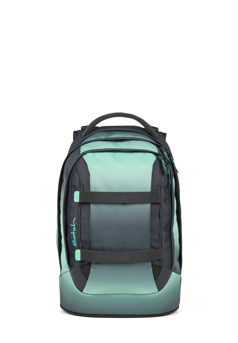 Un sac à dos composé d'un mélange de matériaux gris foncé et teal, avec des bretelles réglables, une poignée supérieure et une texture de tissu lisse.