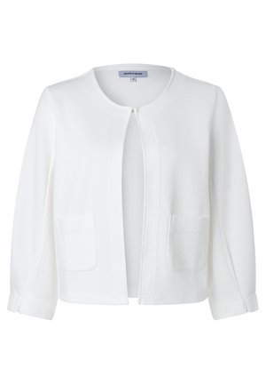 Veste blanche manches longues, ouverture devant avec col rond et deux poches à l'avant, taille 36.