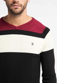 Męski sweter w czerwono-białe i czarne paski; ma dekolt w kształcie litery V, dopasowany krój, dzianinową fakturę oraz małe haftowane logo na piersi.