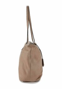 Hellbraune Ledertasche für die Schulter mit runder Form, Kordelzugverschluss und dünnen schwarzen Trägern. Strukturiertes Oberflächenmaterial mit dezenten Nähten.