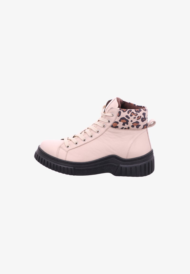 Beige leather high-top sneaker with a black rubber sole, featuring a leopard print accent at the collar and metal eyelets for laces.