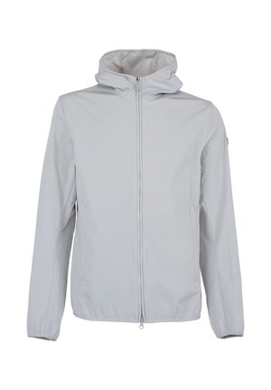 Giacca con cappuccio grigio chiaro con cerniera frontale, polsini elastici e tasche laterali, progettata per un uso casual o all'aperto.