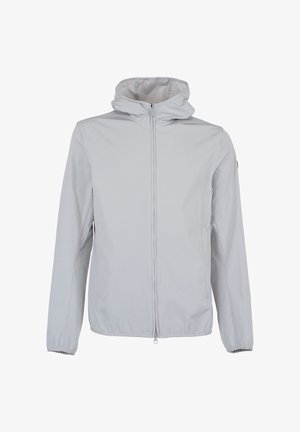 Jasnoszara kurtka z kapturem, zamkiem błyskawicznym z przodu, elastycznymi mankietami i kieszeniami po bokach, zaprojektowana do codziennego użytku lub na zewnątrz.