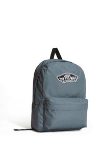 Reppu, jossa on saviharmaa kangas, etutasku ja musta vetoketju. Edessä valkoinen "VANS OFF THE WALL" -logo.