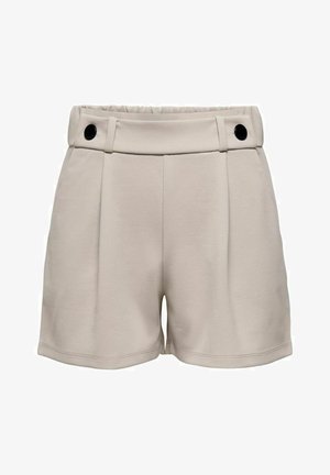 Helle beige Shorts mit hoher Taille, plissierter Vorderseite und zwei schwarzen Knöpfen am Bund. Weicher Stoff und lässiges Design.