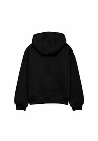 Melnā kapuce ar mīkstu tekstūru, lielu kapuci, garām piedurknēm un īsu dizainu. Vienkāršs, minimālistisks stils bez rotājumiem.