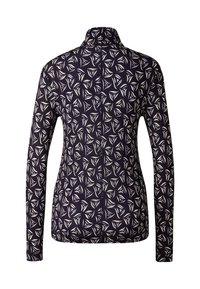 Dlouhý rukáv pulovr ve tmavě námořnické barvě s geometrickým krémovým vzorem. Obsahuje límec se zipem a hladkou texturu látky.