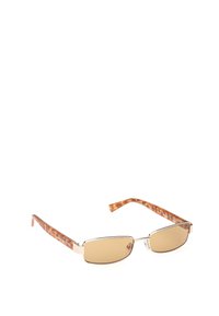 Sluneční brýle s obdélníkovým stříbrným kovovým rámem a čočkami s jantarovým nádechem. Rám z acetátu s želvovinovým vzorem a vyrytým logem značky.