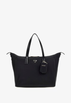 Borsa a tracolla nera in nylon con accenti in pelle, chiusura con zip, doppi manici e un portachiavi nero staccabile con il logo "GUESS".