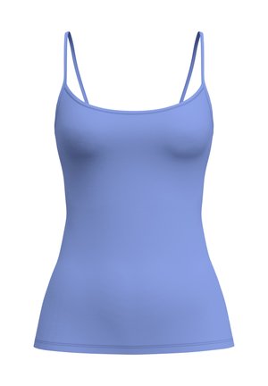 Top blu senza maniche realizzato in tessuto liscio, con sottili spalline regolabili, una forma aderente e una scollatura rotonda. Senza motivi o decorazioni.