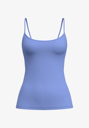Blauw tanktopje van gladde stof, met dunne verstelbare bandjes, een aangesloten pasvorm en een ronde halslijn. Geen patronen of versieringen.