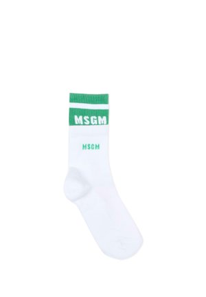 Witte sok met een groene geribbelde boord en twee MSGM-logo's in het groen, één grote dichtbij de boord en één kleinere eronder.