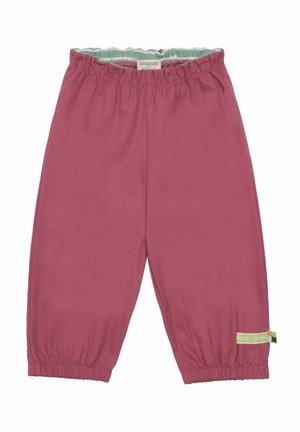 Rosa, weiche Stoffhosen mit einem elastischen Bund und Bündchen. Verfügt über ein grünes und beiges Etikett am Saum. Glatte Textur, lockere Passform.