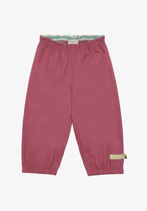 Rosa, weiche Stoffhosen mit einem elastischen Bund und Bündchen. Verfügt über ein grünes und beiges Etikett am Saum. Glatte Textur, lockere Passform.