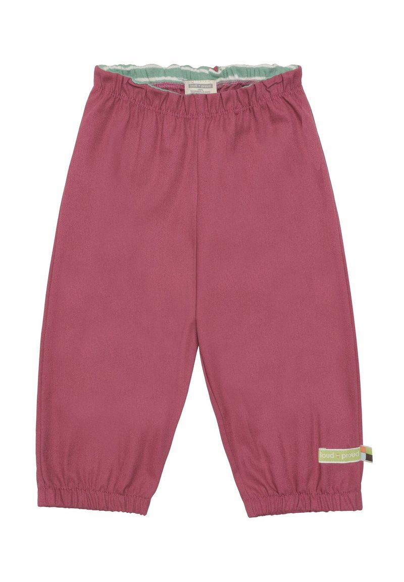 Roze, zachte stoffen broek met een elastische tailleband en boorden. Bevat een groen en beige label aan de zoom. Glad textuur, losse pasvorm.