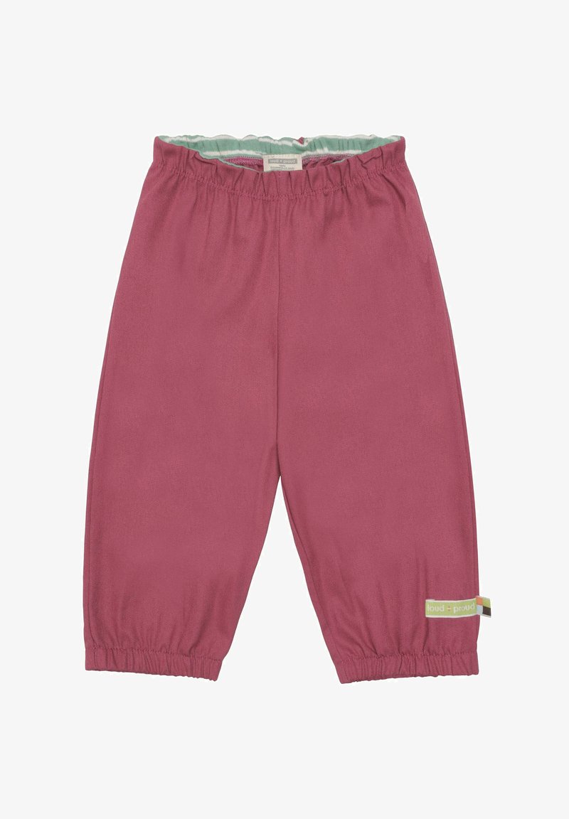 Roze, zachte stoffen broek met een elastische tailleband en boorden. Bevat een groen en beige label aan de zoom. Glad textuur, losse pasvorm.
