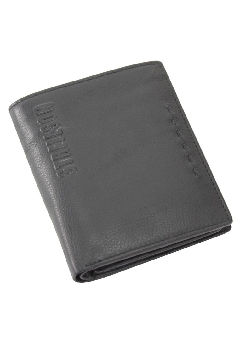 Siv usnjen denarnica z teksturirano površino, ki ima šivane robove in embosan brand na sprednji strani za dodatno podrobnost.