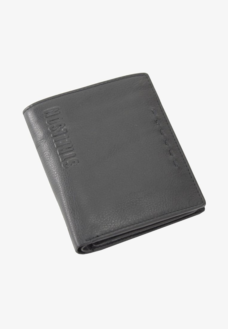 Siv usnjen denarnica z teksturirano površino, ki ima šivane robove in embosan brand na sprednji strani za dodatno podrobnost.