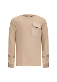Beige Langarmhemd aus weichem Stoff, mit einer linken Brusttasche, Rundhalsausschnitt und geprägtem Textdetail. Einfaches und funktionales Design.