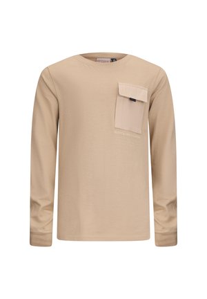 Camicia beige a maniche lunghe realizzata in tessuto morbido, con tasca sul petto sinistro, colletto girocollo e dettaglio testuale in rilievo. Design semplice e funzionale.