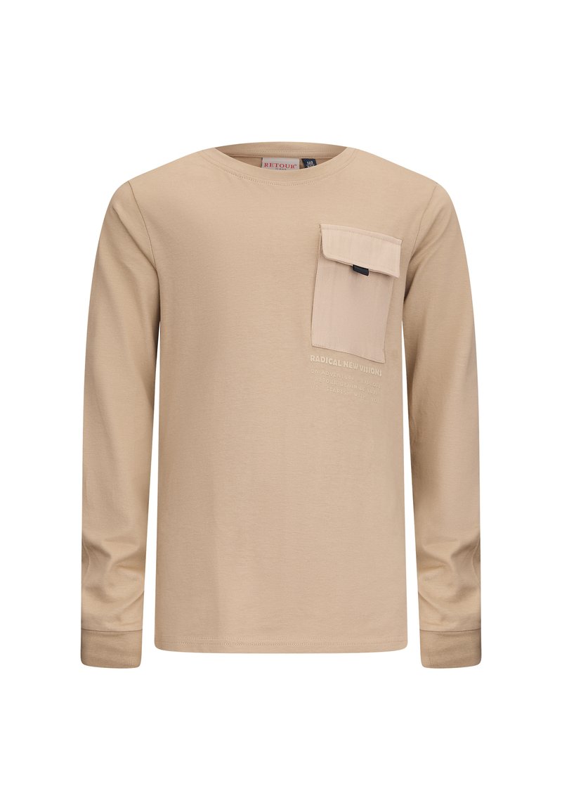 Beige Langarmhemd aus weichem Stoff, mit einer linken Brusttasche, Rundhalsausschnitt und geprägtem Textdetail. Einfaches und funktionales Design.