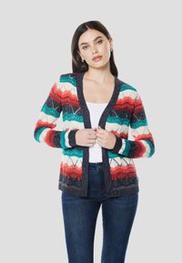 Kootud kardigan, millel on teelus, punane, kreemjas ja tumesinine siksakmuster, sügava V-kaelusega ja soonikkoes käistega. Avatud esiküljega disain.