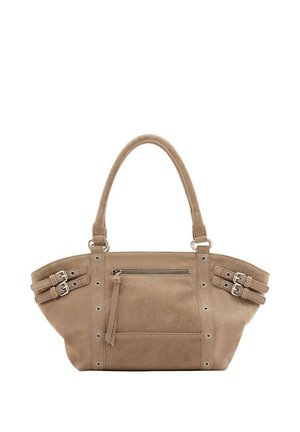 Sac à main beige en daim avec doubles poignées, poche zippée à l'avant et sangles décoratives à boucle de chaque côté sur fond blanc.