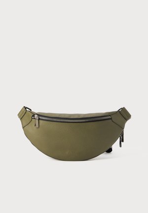 Olive green leather waist bag with a top zipper, adjustable strap, and sleek silver zipper pulls.