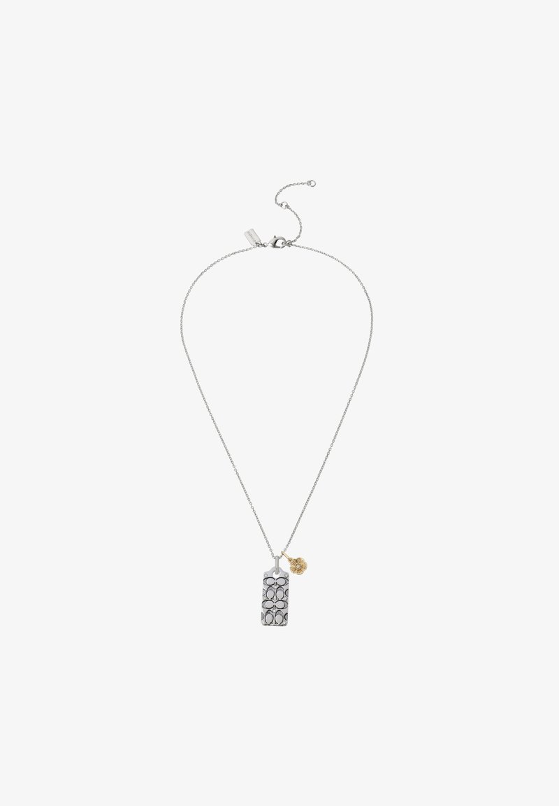 Zilveren ketting met een rechthoekige hanger die een cirkelpatroon toont en een kleine gouden charme. De ketting is delicaat met een karabijnhaak.