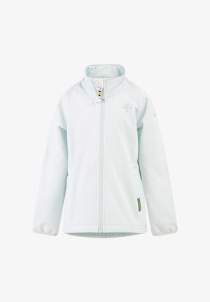 Világoskék dzseki puha anyagból, magas gallérral, elöl cipzárral, két oldalsó zsebbel és kis ernyő logóval a mellrészen.