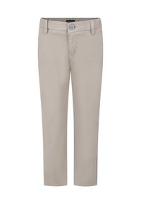 Beige katoenen broek met een rechte pijp ontwerp, enkele knoopsluiting en voorzakken. Gladde textuur, geen waarneembare patronen of accenten.