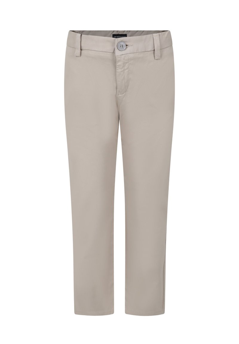 Beige katoenen broek met een rechte pijp ontwerp, enkele knoopsluiting en voorzakken. Gladde textuur, geen waarneembare patronen of accenten.