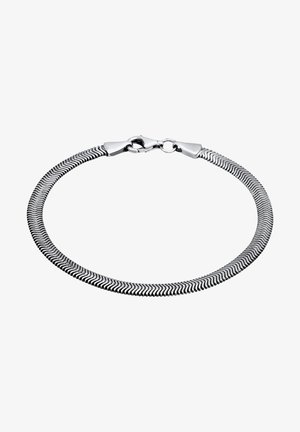 Armband in Silberoptik mit einem eleganten Fischgrätenmuster. Verfügt über einen metallischen Karabinerverschluss und strukturierte, flexible Glieder.