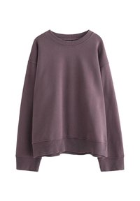 Felpa di cotone viola con maniche lunghe, colletto e polsini a costine, orlo leggermente accorciato e texture morbida. Senza motivi o decorazioni.