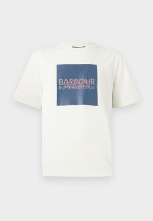 White cotton t-shirt with a square navy graphic, featuring “BARBOUR INTERNATIONAL” text in red and white, short sleeves, and crew neck.