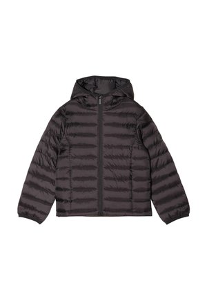 Schwarze gepolsterte Jacke mit horizontalem Streifendesign, Reißverschluss vorne, Kapuze und elastischen Bündchen. Leichtes Material, geeignet für kaltes Wetter.