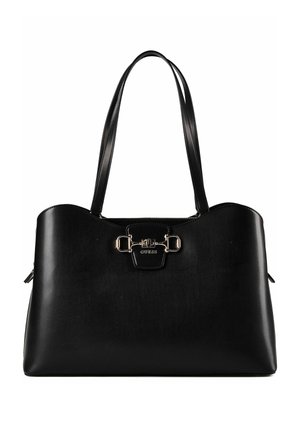 Sac cabas en cuir noir avec double bandoulière, détail boucle dorée et logo Guess au centre devant.