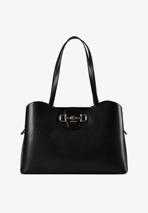 Schwarze Leder-Tote-Bag mit doppelten Schulterriemen, goldfarbenem Schnallendetail und Guess-Logo mittig vorne.