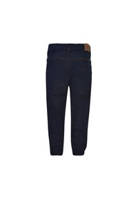 Marineblå denim bukser med elastisk liv og mansjetter. Har to baklommer og kontrasterende sømmer. Holdbart materiale med et elegant design.