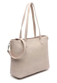 Borsa a spalla effetto pelle beige con due tracolle e una maniglia circolare staccabile. Texture liscia, forma strutturata e design minimalista.