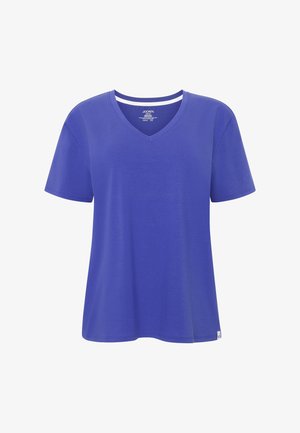 T-shirt uni pour homme, bleu roi, col V, manches courtes, avec bordure blanche à l'intérieur du col et petite étiquette de marque en bas de l'ourlet.