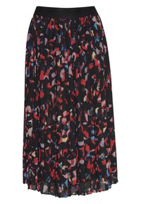 Plissé midi-jurk in zwart met een kleurrijk geometrisch patroon waarin rode, blauwe en roze accenten zijn verwerkt. Elastische tailleband; lichtgewicht stof.