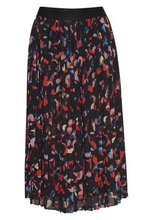 Fållad midikjol i svart med ett flerfärgat geometriskt mönster som har röda, blå och rosa inslag. Elastisk midja; lättviktig tyg.